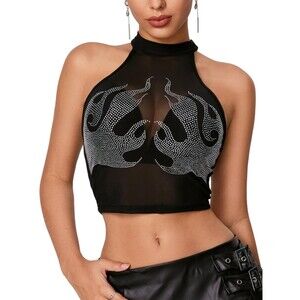 Rhinestone Mesh Crop Top,  SIZE XXL, 12H-176T002